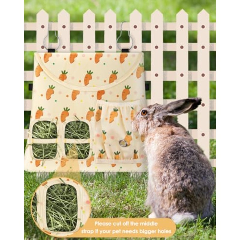 , 2 Holes Hanging Hay Feeder Guinea Pig Hay Bag with Side Pocket for Rabbits Bunny Chinchillas Hamsters Rats and Other Small Pets Small Animal - Beige - Image 4