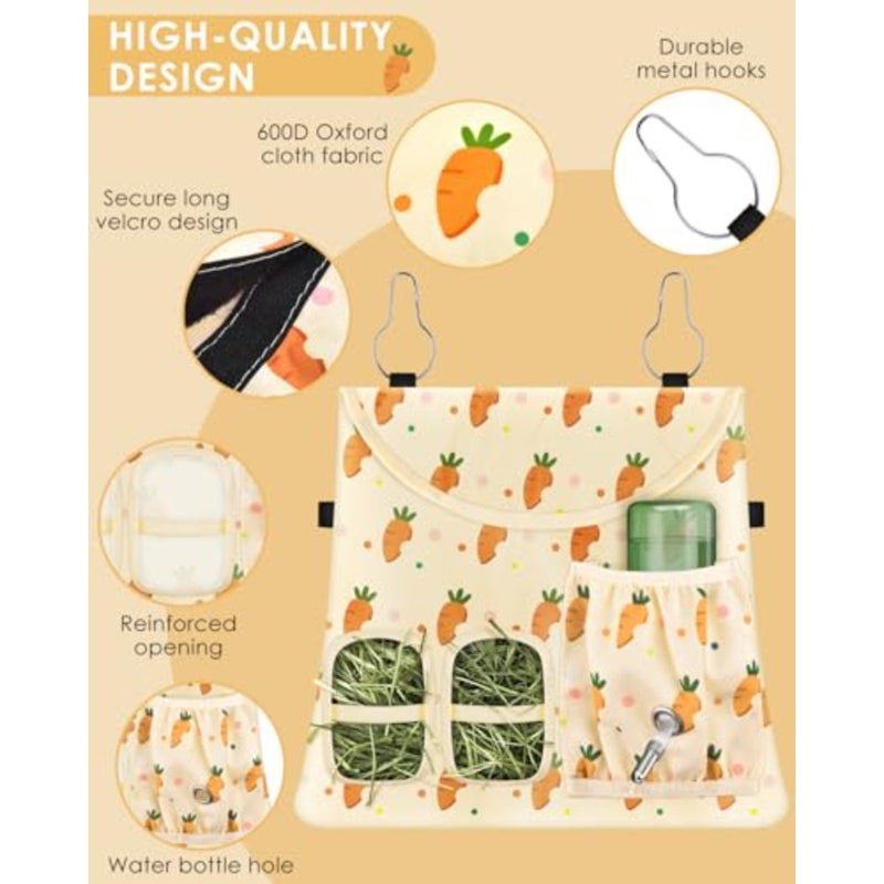 , 2 Holes Hanging Hay Feeder Guinea Pig Hay Bag with Side Pocket for Rabbits Bunny Chinchillas Hamsters Rats and Other Small Pets Small Animal - Beige - Image 2