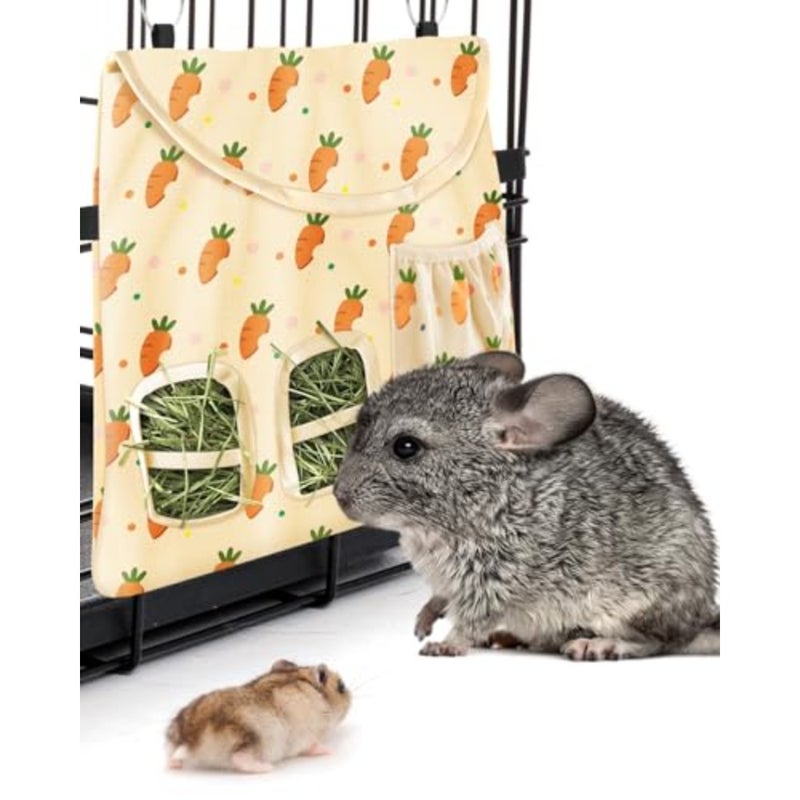 , 2 Holes Hanging Hay Feeder Guinea Pig Hay Bag with Side Pocket for Rabbits Bunny Chinchillas Hamsters Rats and Other Small Pets Small Animal - Beige - Image 5