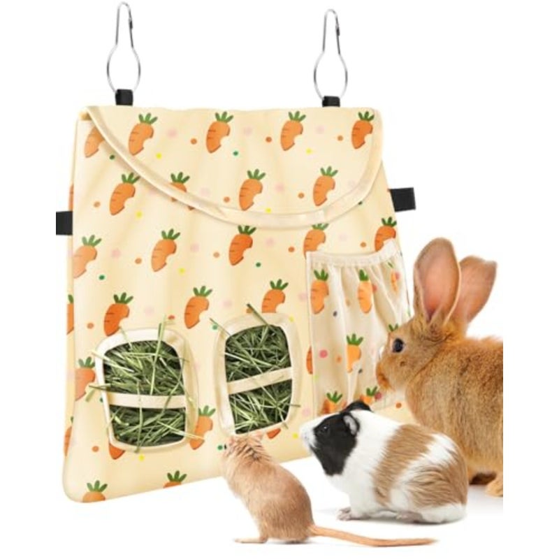 , 2 Holes Hanging Hay Feeder Guinea Pig Hay Bag with Side Pocket for Rabbits Bunny Chinchillas Hamsters Rats and Other Small Pets Small Animal - Beige - Image 1