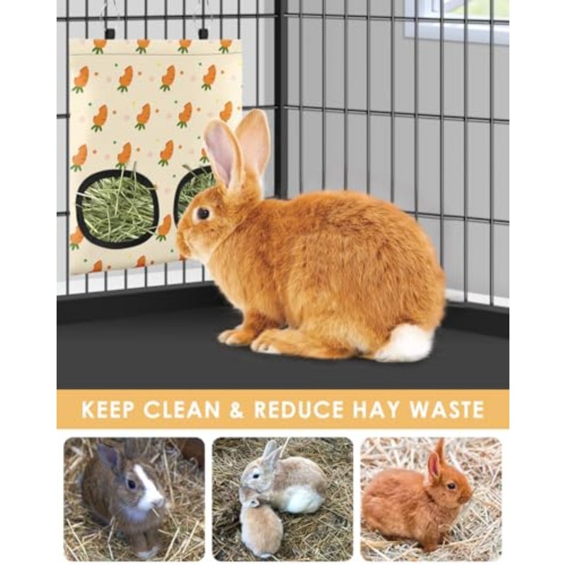, 2 Holes Hanging Hay Feeder Guinea Pig Hay Bag with Side Pocket for Rabbits Bunny Chinchillas Hamsters Rats and Other Small Pets Small Animal - Beige - Image 3