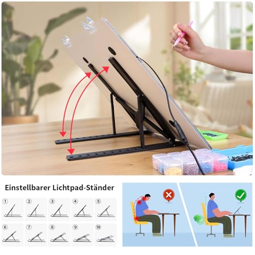 Zocelight A4 Light Pad for Diamond Art Kits for Adults,0.2" Ultra Thin Light Board with Stand and Clip for Diamond Painting Accessories,3 Levels Dimming Light Box for Drawing,Sketching,Animation - Image 2