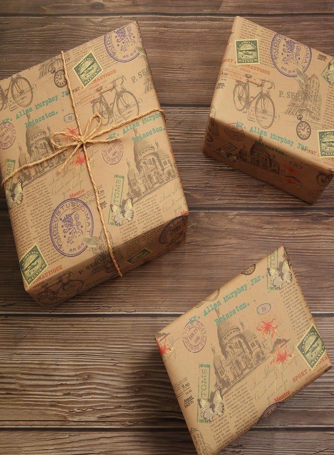 Boerni Classic Vintage Romantic Timeless Bicycle & Architecture Wrapping Paper (4 Folded Flat Sheets, 19.7" x 29.1" Per sheet Brown Kraft Style Gift Wrap for Retro Themed Gifts, Birthday, Wedding, Valentine Day - Image 4