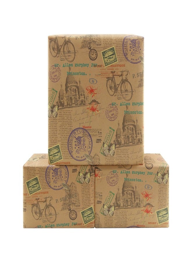 Boerni Classic Vintage Romantic Timeless Bicycle & Architecture Wrapping Paper (4 Folded Flat Sheets, 19.7" x 29.1" Per sheet Brown Kraft Style Gift Wrap for Retro Themed Gifts, Birthday, Wedding, Valentine Day - Image 1