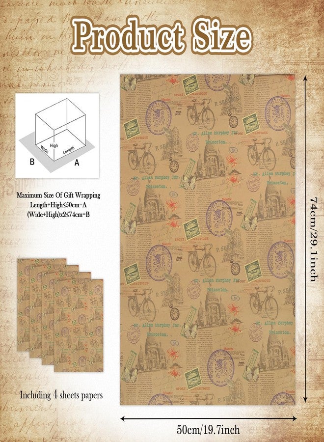 Boerni Classic Vintage Romantic Timeless Bicycle & Architecture Wrapping Paper (4 Folded Flat Sheets, 19.7" x 29.1" Per sheet Brown Kraft Style Gift Wrap for Retro Themed Gifts, Birthday, Wedding, Valentine Day - Image 2