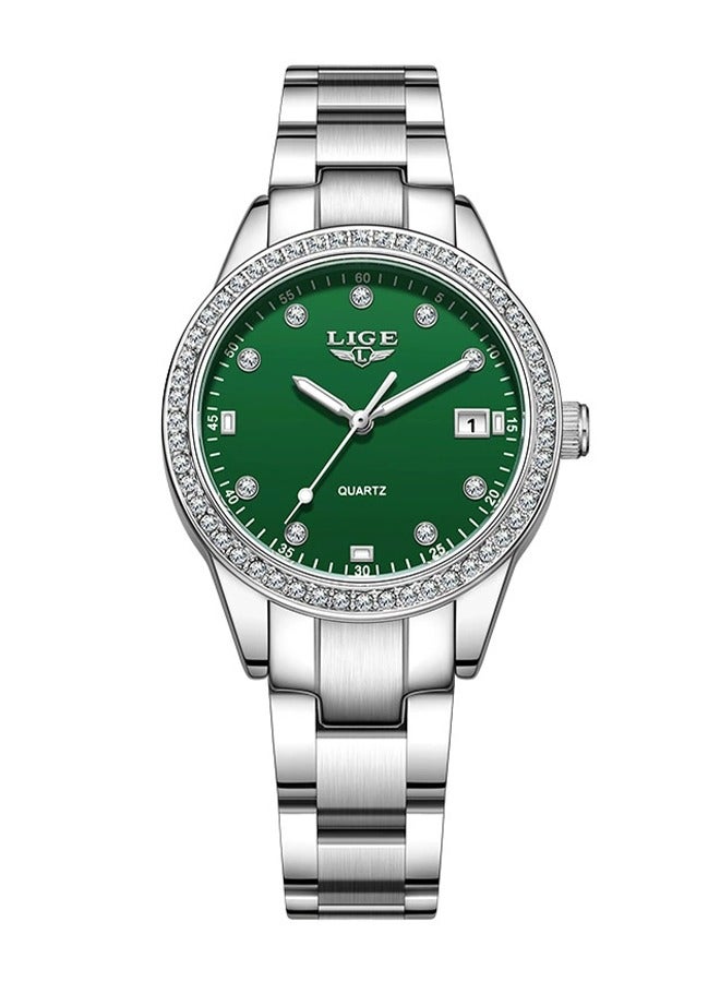 LIGE ​​LIGE Women's Fashion Quartz Watch - Silver-Tone Case with Green Diamond-Accented Dial, Luminous Display, 30M Water Resistance, Multi-Function Design, Modern Elegant Style for Daily & Special Occasions​​ - Image 1