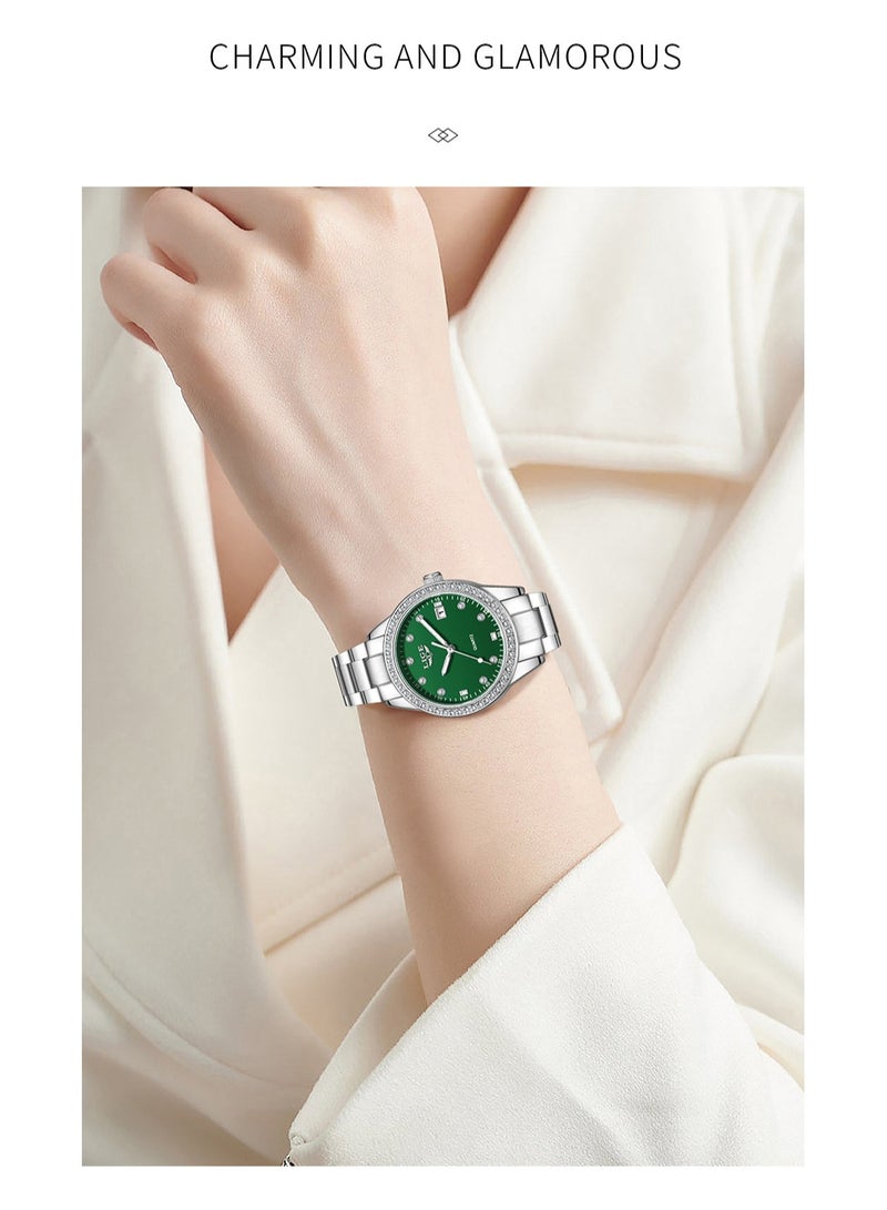 LIGE ​​LIGE Women's Fashion Quartz Watch - Silver-Tone Case with Green Diamond-Accented Dial, Luminous Display, 30M Water Resistance, Multi-Function Design, Modern Elegant Style for Daily & Special Occasions​​ - Image 3