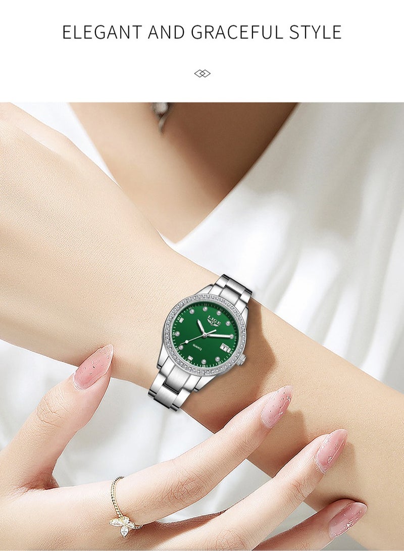 LIGE ​​LIGE Women's Fashion Quartz Watch - Silver-Tone Case with Green Diamond-Accented Dial, Luminous Display, 30M Water Resistance, Multi-Function Design, Modern Elegant Style for Daily & Special Occasions​​ - Image 4