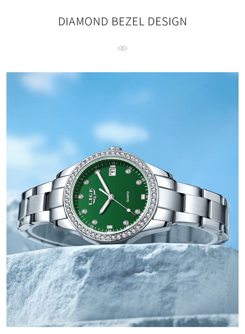 LIGE ​​LIGE Women's Fashion Quartz Watch - Silver-Tone Case with Green Diamond-Accented Dial, Luminous Display, 30M Water Resistance, Multi-Function Design, Modern Elegant Style for Daily & Special Occasions​​ - Image 5