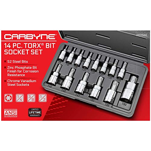 Carbyne مجموعة مفاتيح توركس من كارباين 14 قطعة، من حجم T8 إلى T60، قطع فولاذية S2، مفاتيح Cr-V، علبة متينة | 1/4، 3/8، و 1/2 بوصة. - Image 2
