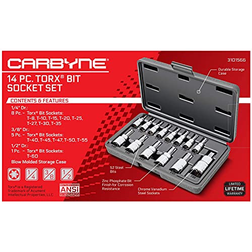 Carbyne مجموعة مفاتيح توركس من كارباين 14 قطعة، من حجم T8 إلى T60، قطع فولاذية S2، مفاتيح Cr-V، علبة متينة | 1/4، 3/8، و 1/2 بوصة. - Image 3