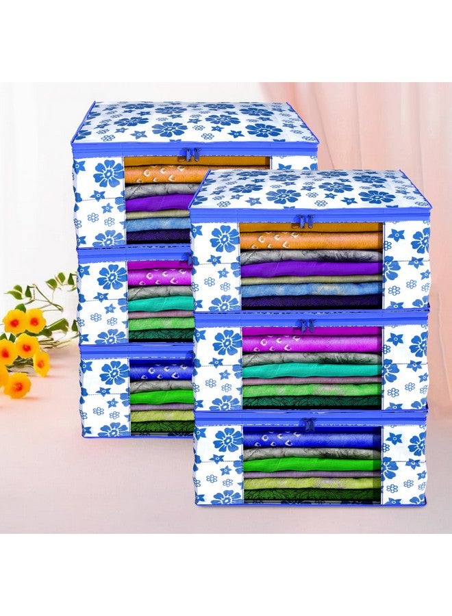 Kuber Industries Non-Woven Floral Print Saree Covers With Zip|Foldable Wardrobe Organizer For Clothes|Saree Bags Keep 8 To 10 Saree|Suitable For Lehenga, Suit, Dress|Pack Of 6 (White & Blue) - Image 2
