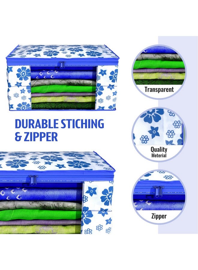Kuber Industries Non-Woven Floral Print Saree Covers With Zip|Foldable Wardrobe Organizer For Clothes|Saree Bags Keep 8 To 10 Saree|Suitable For Lehenga, Suit, Dress|Pack Of 6 (White & Blue) - Image 5