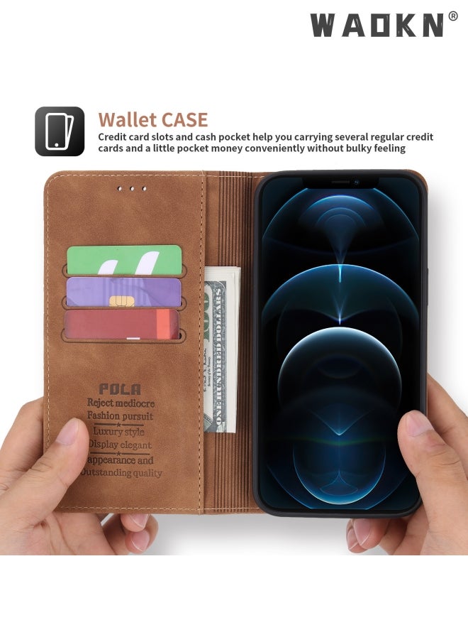WAOKN - Iphone 15 Pro Max Case with Card Slots Holder Magnetic Clasp Shockproof Flip Folio Book Protective Cover Women Men for iphone 15 Pro Max Phone Case Brown - Image 1