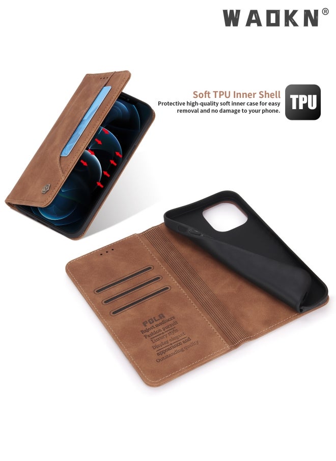 WAOKN - Iphone 15 Pro Max Case with Card Slots Holder Magnetic Clasp Shockproof Flip Folio Book Protective Cover Women Men for iphone 15 Pro Max Phone Case Brown - Image 1