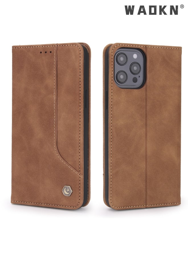 WAOKN - Iphone 15 Pro Max Case with Card Slots Holder Magnetic Clasp Shockproof Flip Folio Book Protective Cover Women Men for iphone 15 Pro Max Phone Case Brown - Image 1