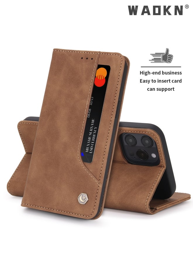 WAOKN - Iphone 15 Pro Max Case with Card Slots Holder Magnetic Clasp Shockproof Flip Folio Book Protective Cover Women Men for iphone 15 Pro Max Phone Case Brown - Image 1