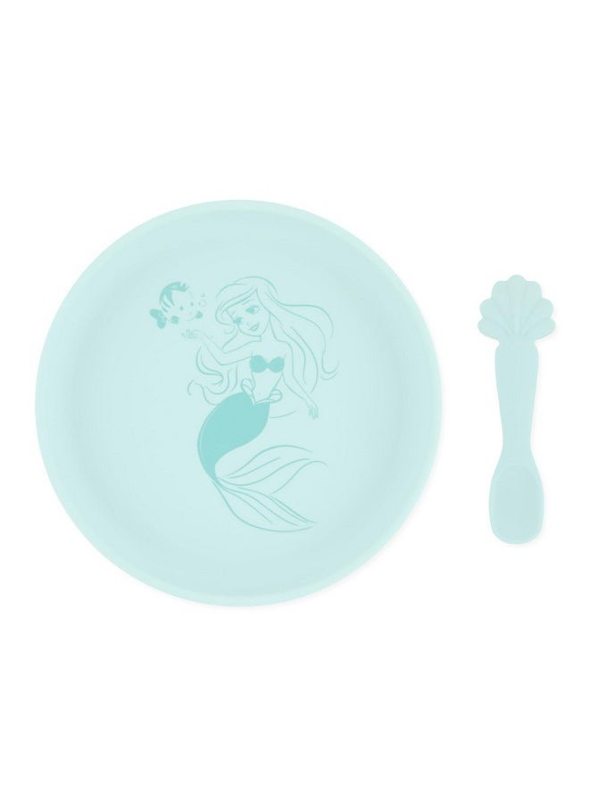 BUMKiNs Bumkins Disney Baby and Toddler Plate and Spoon Set, Silicone Dish for Babies and Kids, Baby Led Weaning, Children Feeding Supplies, Microwave Safe, Platinum Silicone, Ages 6 Months Up, Princess Ariel  - Image 1