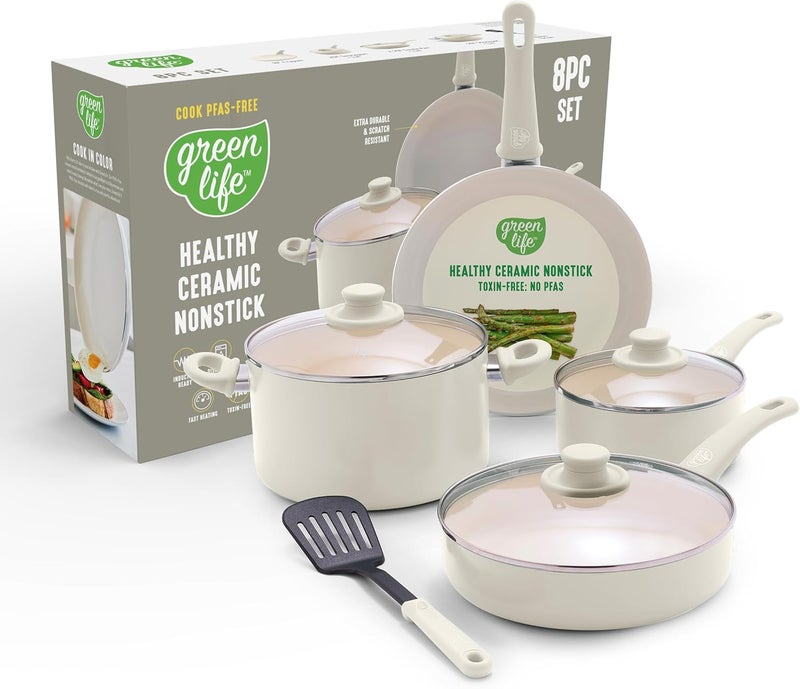 GreenLife Soft Grip 8-Piece Cookware Set, Healthy Ceramic Nonstick Pots, Frying & Sauce Pans, PFAS & PFOA Free, Dishwasher Safe, Even Heating, Versatile Kitchen Essentials, Cream - Image 1