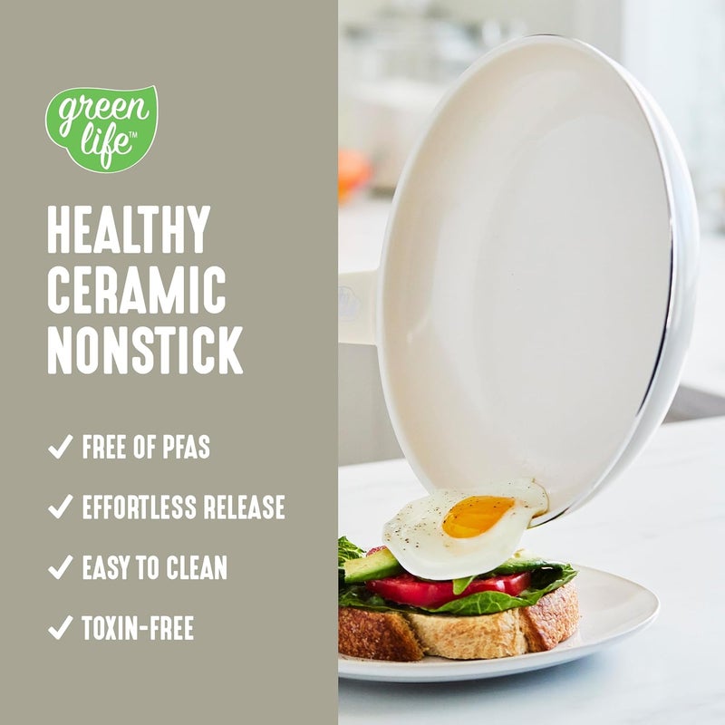 GreenLife Soft Grip 8-Piece Cookware Set, Healthy Ceramic Nonstick Pots, Frying & Sauce Pans, PFAS & PFOA Free, Dishwasher Safe, Even Heating, Versatile Kitchen Essentials, Cream - Image 2