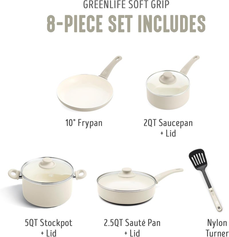 GreenLife Soft Grip 8-Piece Cookware Set, Healthy Ceramic Nonstick Pots, Frying & Sauce Pans, PFAS & PFOA Free, Dishwasher Safe, Even Heating, Versatile Kitchen Essentials, Cream - Image 3