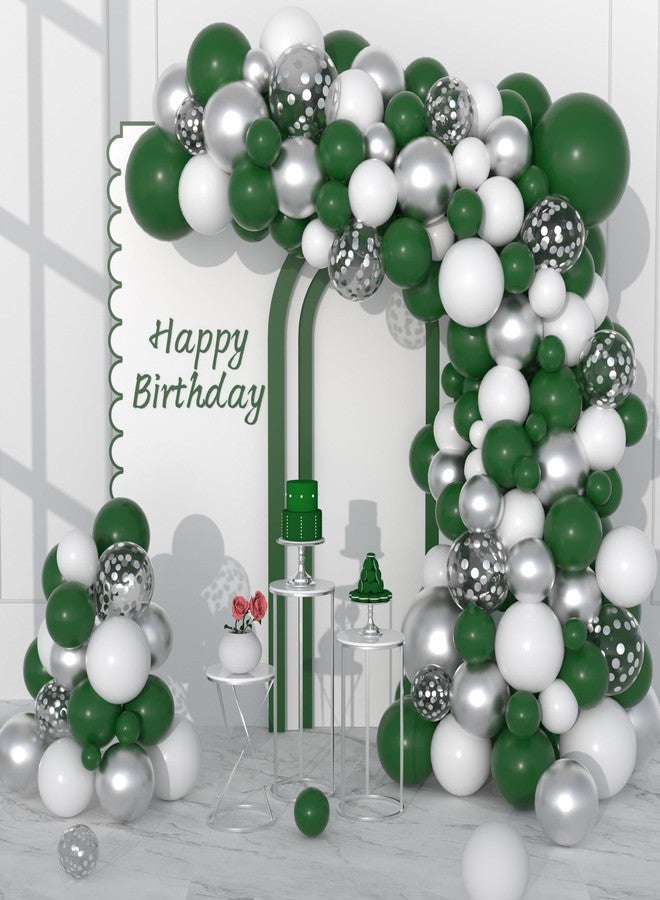 Cunnikku Dark Green White Silver Balloon Garland Arch Kit, 122PCS White Dark Green Metallic Silver Confetti Balloons for Wild Animal First Birthday Jungle Football Video Gamer Green Wonderland Decorations… - Image 1