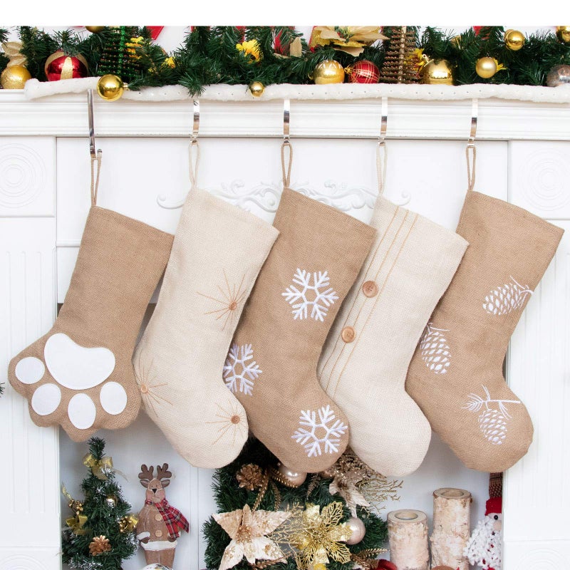 GEX Christmas Stockings 5 Packs for Family 185 Large Linen Embroidery Classic Christmas Stockings Burlap Minimalist Rustic Large Hanging Ornament Decorations for Fireplace Xmas Season Set of 5