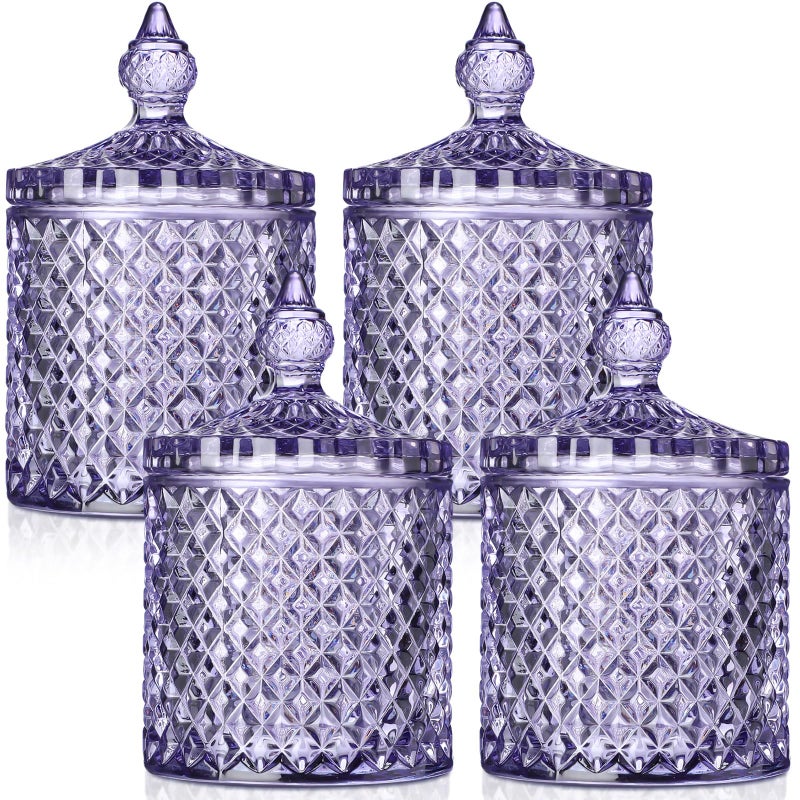 Aoriher 4 Pcs Crystal Glass Candy Jar Set with Lids Home Decorative Storage Jars for Apothecary Bathroom Kitchen and Pantry Ideal for Cotton Swabs and JewelryMediumLight Purple