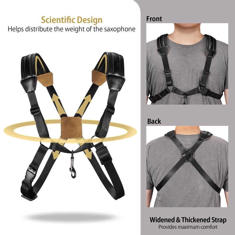 POGOLAB Saxophone Harness, Double Shoulder Adjustable Sax Strap with Soft Leather Padded, Widened & Thickened Design, Good Comfort, Reduce Neck Stress, for Alto/Tenor/Baritone/Soprano Saxophone - Image 3