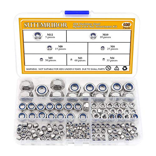 Sutemribor 304 Stainless Steel Lock Nut Assortment 180 Pieces M3 M4 M5 M6 M8 M10 M12 Nylon Insert Locknut - Image 1