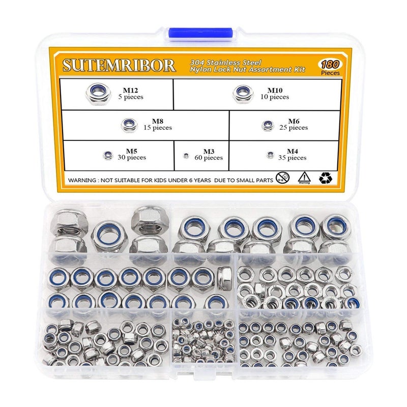 Sutemribor 304 Stainless Steel Lock Nut Assortment 180 Pieces M3 M4 M5 M6 M8 M10 M12 Nylon Insert Locknut - Image 2