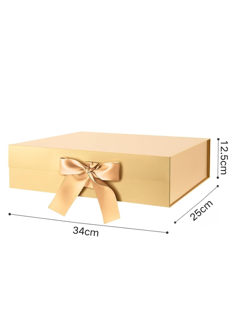 إيزي صندوق الهدايا الذهبية مع الشريط ، 34x25x12.5cm صناديق الهدايا الفاخرة للهدايا مع الأغطية الإغلاق المغناطيسي مستطيل قابل للطي للمهرجان والذكرى السنوية وعيد الميلاد هدية التعبئة والتغليف - Image 2