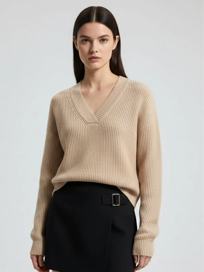Outzidr  Taupe Full Sleeve V Neck Sweater  | Best Price UAE