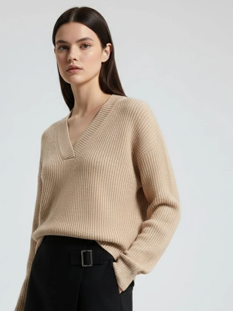 OUTZIDR Taupe Full Sleeve V Neck Sweater