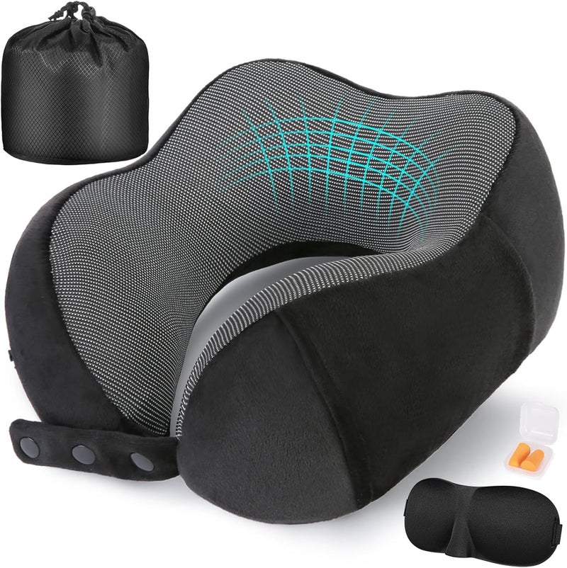 Cirorld Neck Pillow for Traveling, Travel Pillows for Airplanes,100% Pure Memory Foam Travel Neck Pillow, Adjustable Flight Pillow, Portable Plane Accessories with Eye Mask, Earplugs, Carry Bag - Image 1