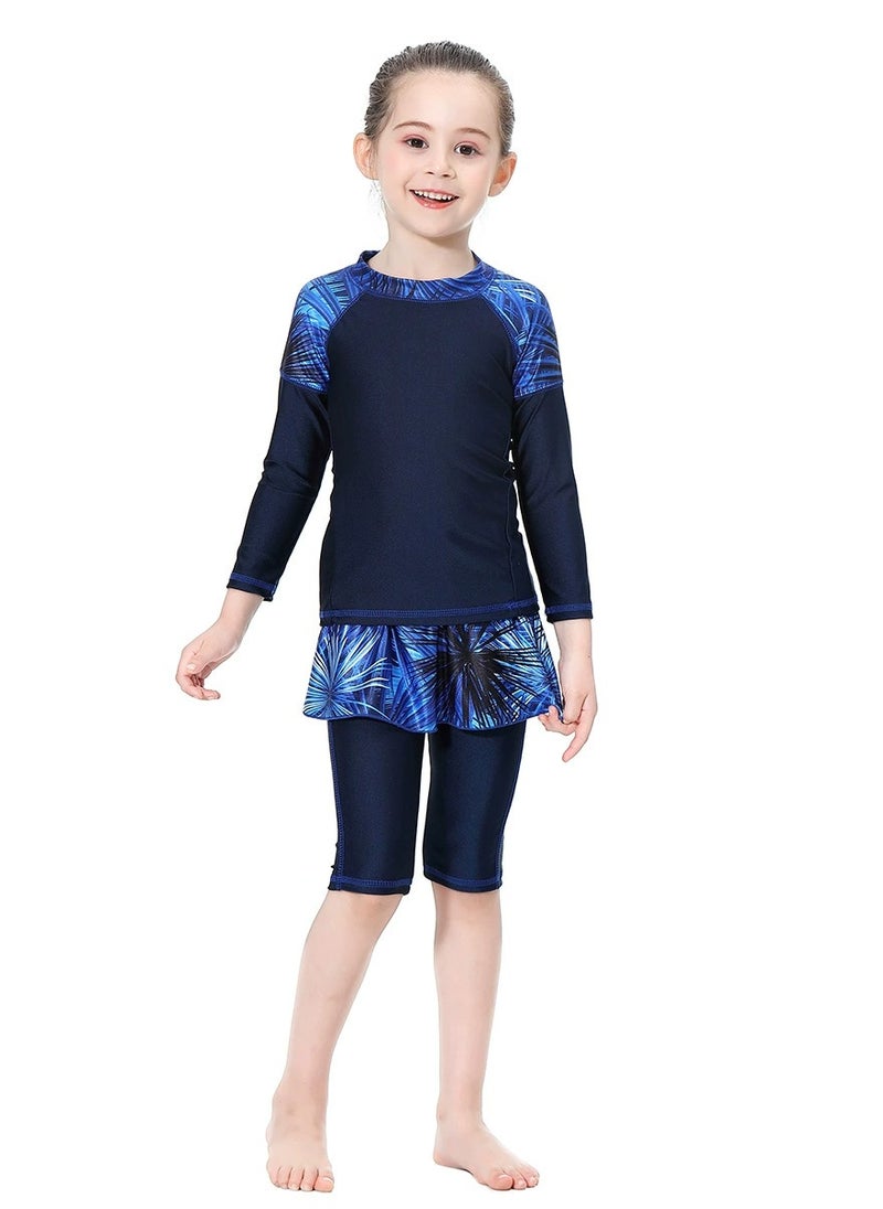 Loquat - 3-Piece Girls Fast Dry Round Neck Split Muslim Conservative Islamic Swimsuit Swimwear With Cap Set Blue - Image 1