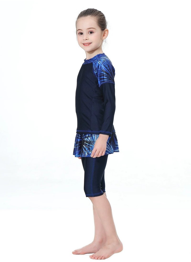 Loquat - 3-Piece Girls Fast Dry Round Neck Split Muslim Conservative Islamic Swimsuit Swimwear With Cap Set Blue - Image 1