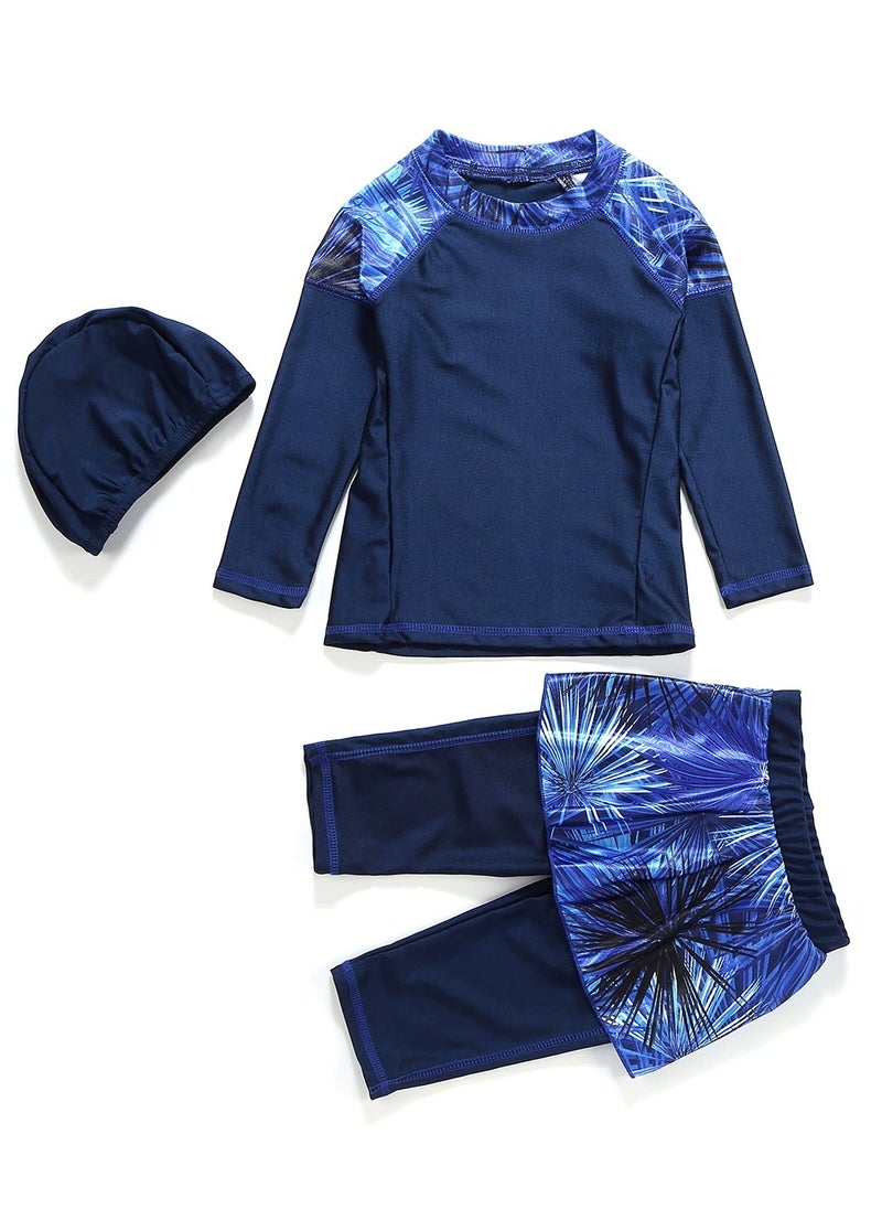 Loquat - 3-Piece Girls Fast Dry Round Neck Split Muslim Conservative Islamic Swimsuit Swimwear With Cap Set Blue - Image 1