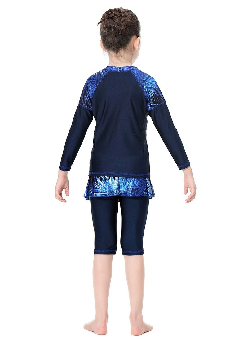 Loquat - 3-Piece Girls Fast Dry Round Neck Split Muslim Conservative Islamic Swimsuit Swimwear With Cap Set Blue - Image 1
