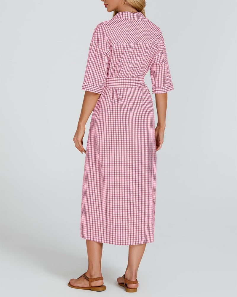 YEXPINE Women's Half Sleeve Plaid Midi Dress Collar V Neck Belted Casual Button Down Long Loose Dress Pink - Image 5