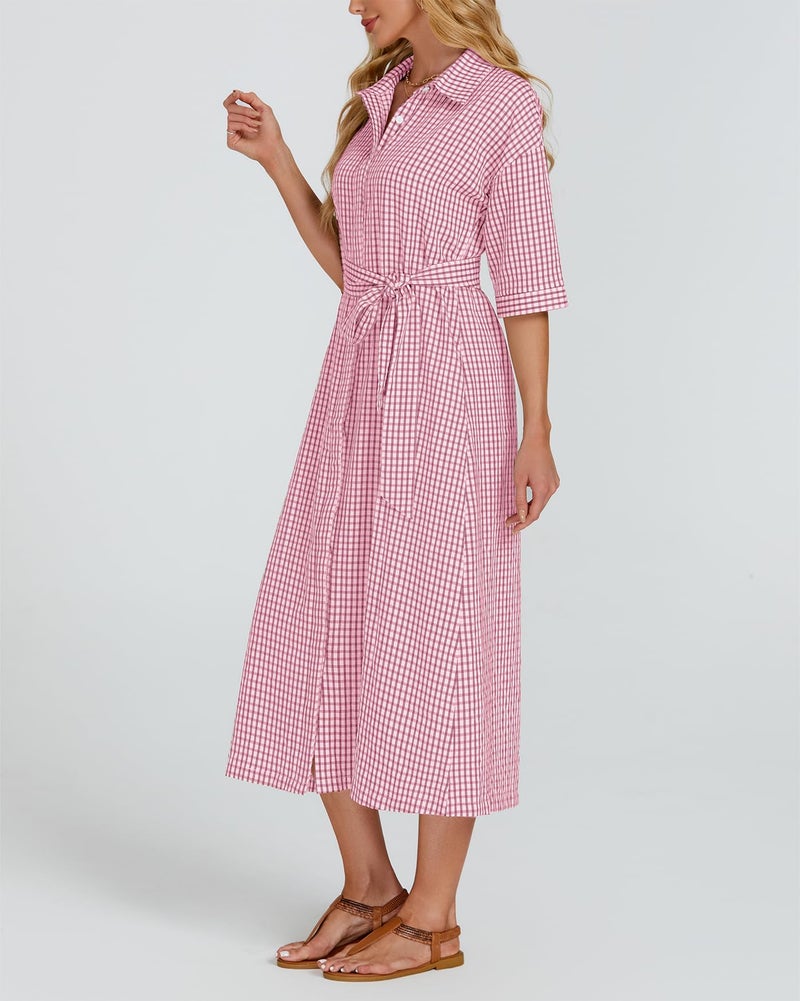 YEXPINE Women's Half Sleeve Plaid Midi Dress Collar V Neck Belted Casual Button Down Long Loose Dress Pink - Image 4
