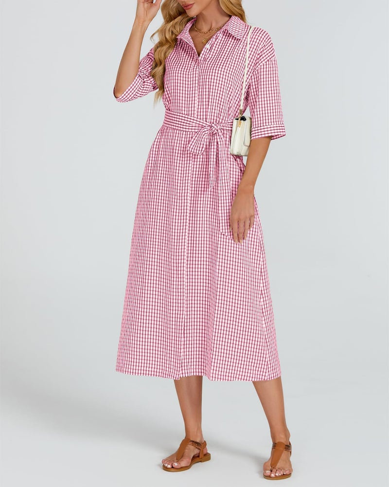 YEXPINE Women's Half Sleeve Plaid Midi Dress Collar V Neck Belted Casual Button Down Long Loose Dress Pink - Image 3