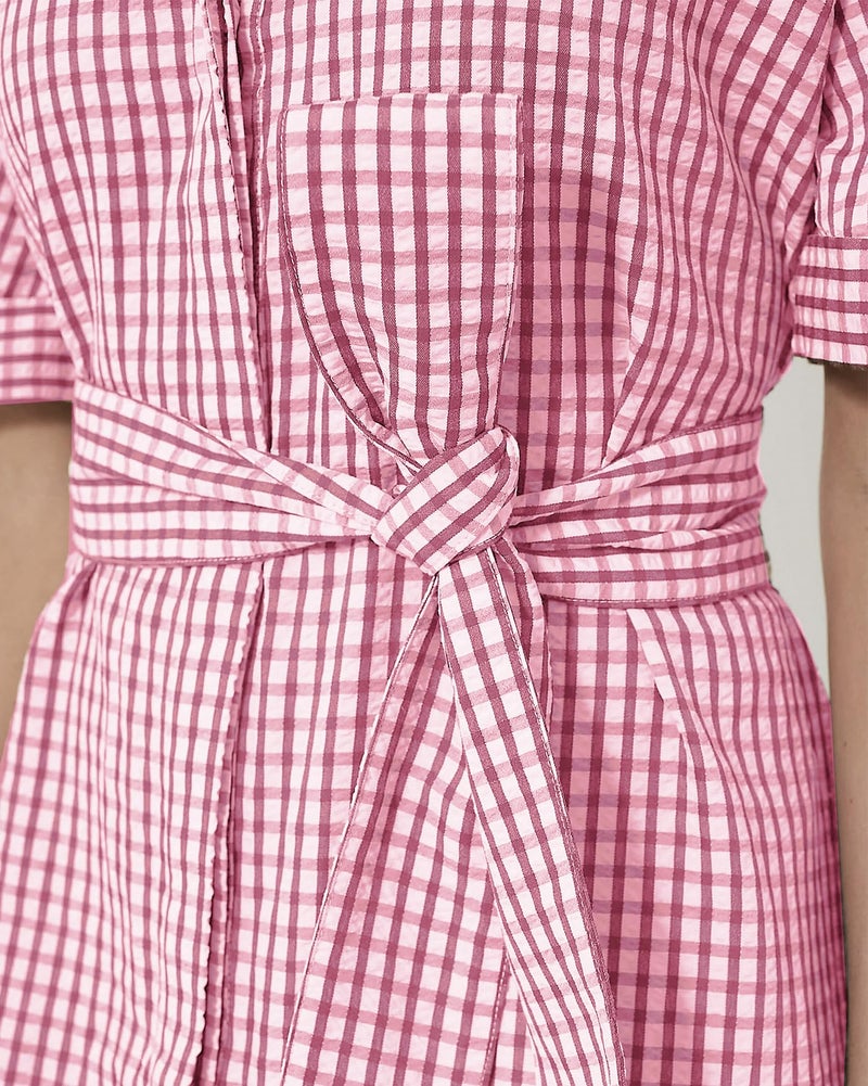 YEXPINE Women's Half Sleeve Plaid Midi Dress Collar V Neck Belted Casual Button Down Long Loose Dress Pink - Image 2
