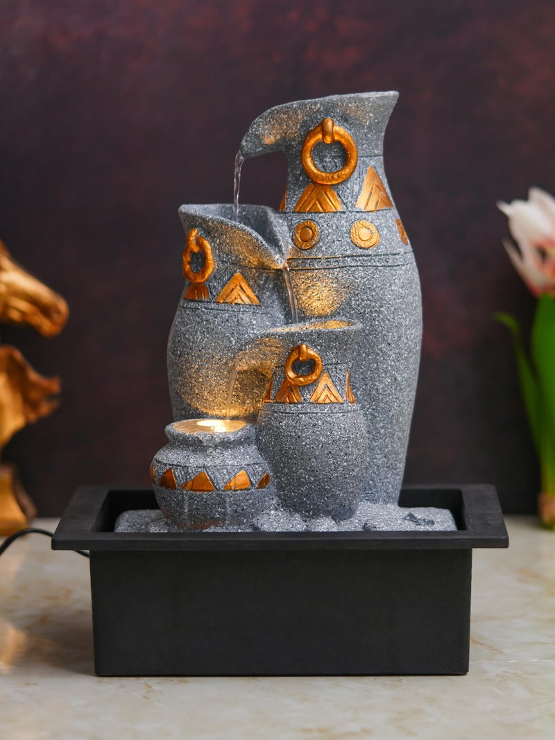 CHRONIKLE Polyresin Grey Designer Table Top Jug Style Indoor 3 Steps Home Decor Water Fountain with Yellow LED Light & Water Flow Controller Pump (Size: 40 x 25 x 25CM | Weight: 2095grm) - Image 1
