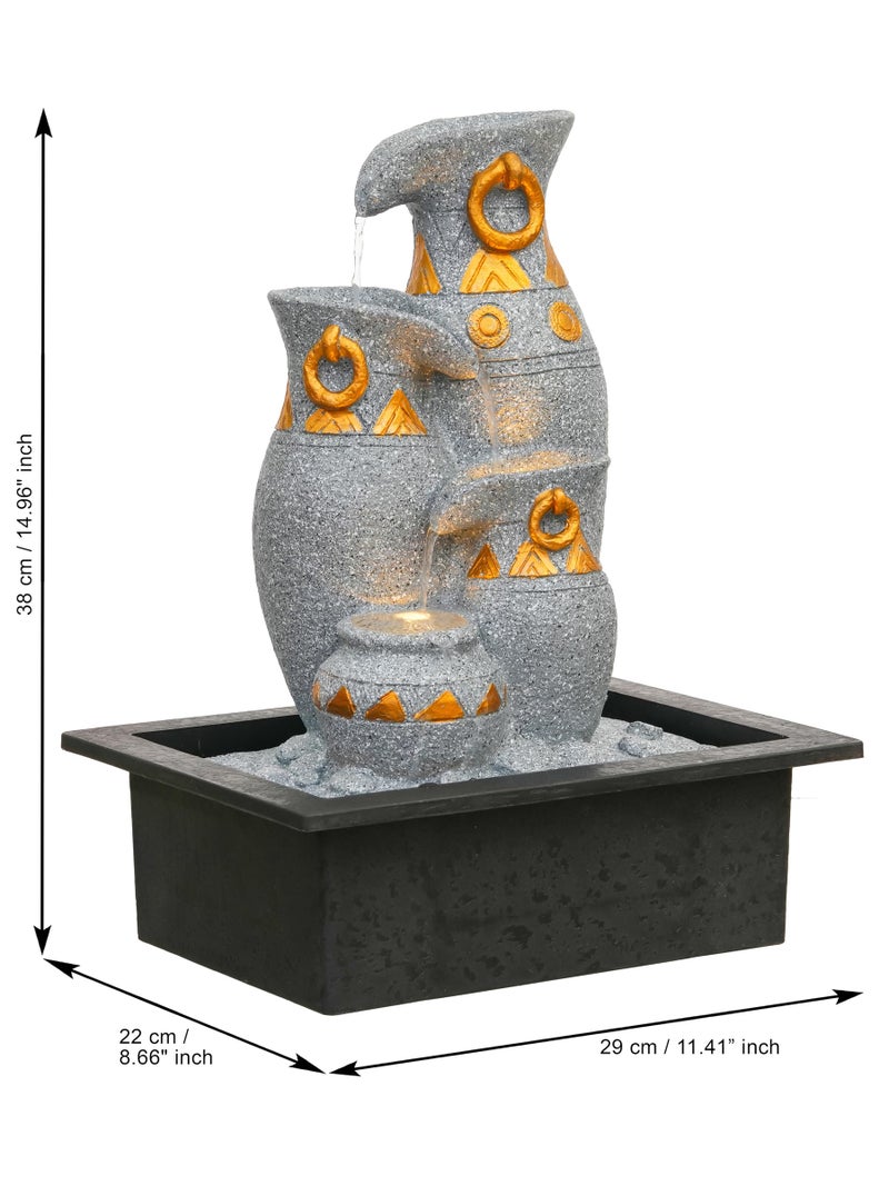 CHRONIKLE Polyresin Grey Designer Table Top Jug Style Indoor 3 Steps Home Decor Water Fountain with Yellow LED Light & Water Flow Controller Pump (Size: 40 x 25 x 25CM | Weight: 2095grm) - Image 3