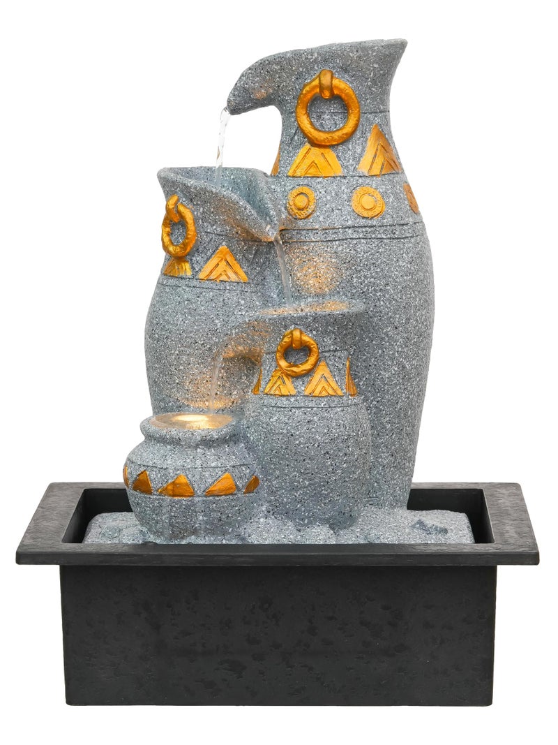 CHRONIKLE Polyresin Grey Designer Table Top Jug Style Indoor 3 Steps Home Decor Water Fountain with Yellow LED Light & Water Flow Controller Pump (Size: 40 x 25 x 25CM | Weight: 2095grm) - Image 2