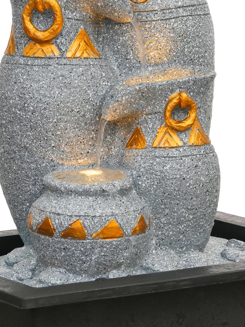 CHRONIKLE Polyresin Grey Designer Table Top Jug Style Indoor 3 Steps Home Decor Water Fountain with Yellow LED Light & Water Flow Controller Pump (Size: 40 x 25 x 25CM | Weight: 2095grm) - Image 4