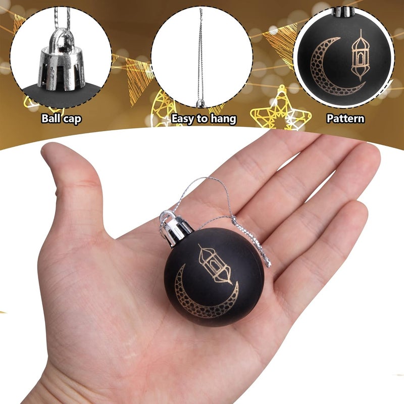 Iceyyyy 24 PCS Ramadan Ornament Ball, 1.57" Black Gold Eid Mubarak Hanging Balls, Ramadan Mubarak Ornaments for Islamic Muslim Tree Party Decor - Image 2