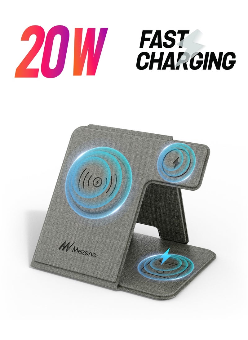 Mezone 3 in 1 Wireless Charging Station, 15W Fast Charging Foldable Wireless Charger Stand, Compatible with Apple iPhone 15 14 13 12 11 X Pro Max, Galaxy S, iWatch 9/8/7/6/5/4/3/2/SE, AirPods, Grey  - Image 1