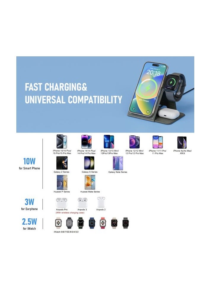 Mezone 3 in 1 Wireless Charging Station, 15W Fast Charging Foldable Wireless Charger Stand, Compatible with Apple iPhone 15 14 13 12 11 X Pro Max, Galaxy S, iWatch 9/8/7/6/5/4/3/2/SE, AirPods, Grey  - Image 4